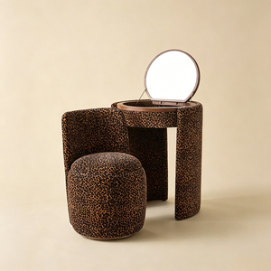 Set Toeletta Vintage <span class=keywords><strong>Nora</strong></span> in Velluto Leopardato con Specchio Rotondo Ribaltabile e Sgabello, Vanity Compatto per Camera da Letto, Disponibile in Vari Colori - Product Image 2