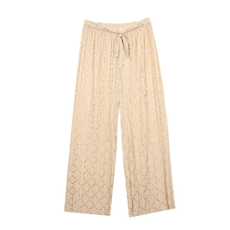 High Quality Wholesale Mock Pockets Gold Wire Natural Linen Pant Wide Leg Trouser Linen Pant Women Plus One Size Women'S Pants