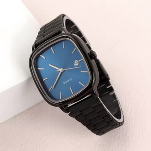 Montres de luxe en quartz pour couples, bracelet en acier inoxydable, cadran bleu, boîtier rond-carré de 40 mm. - Product Image 2