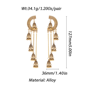 Boucles d'oreilles clous Douvei vintage bohèmes indiennes dorées à longues pampilles et motifs ajourés pour femme, idéales pour les soirées - Product Image 2