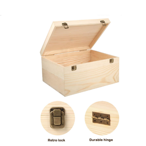 Große hölzerne Schachtel, 13 × 10 × 6,5 Zoll natürliche unbehandelte Kiefernholzboxen mit Scharnierdeckel und Frontverschluss für DIY Handwerk Kunst - Product Image 4