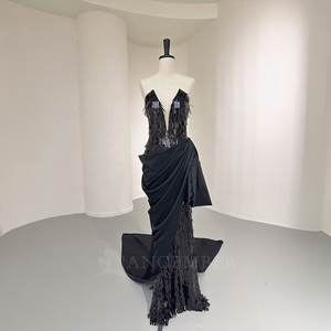 Vestido de noche de lujo con lentejuelas negras y flecos, escote en V profundo, estilo sirena, con cola de satén drapeada para mujer, Jancember. - Product Image 2