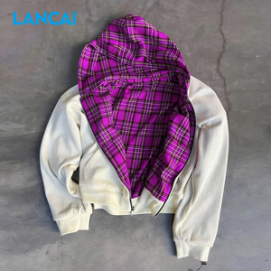 Lancai Hoodie Manufacture Custom 100% Cotton Color Block Embroidery Logo Streetwear Plaid Flannel Patchwork Spliced Heavyweight - Product Image 2