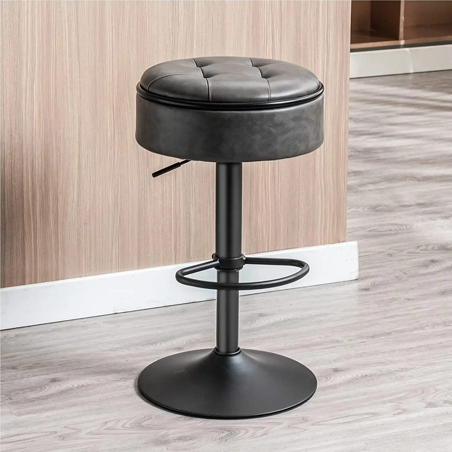 Round Storage Bar Stool, Faux Leather Metal Iron Bar Chair Modern Kitchen Chair Commercial Furniture Nordic Bar Chair Beige