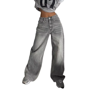 <span class=keywords><strong>Jeans</strong></span> a <span class=keywords><strong>Gamba</strong></span> <span class=keywords><strong>Larga</strong></span> in Spandex/Poliestere Grigio Fumo Lavato Stile Americano Retrò da Donna, Versatili a Vita Alta, Vestibilità Ampia, Asciugatura Rapida - Product Image 1