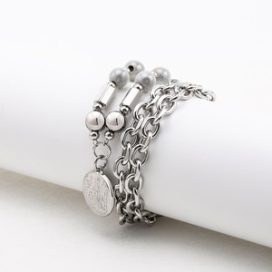 สร้อยคอจี้สแตนเลสพร้อมลูกปัดทรงเรขาคณิตและจี้ทรงกลมลายนูนสำหรับเครื่องประดับแฟชั่น - Product Image 3