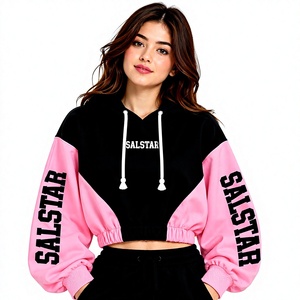 เสื้อฮู้ดครอปผู้หญิง สีดำชมพู บล็อกสี แขนทรงโคมไฟ สไตล์สตรีทแวร์ รับสกรีนโลโก้แบรนด์ - Product Image 1