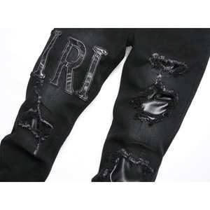 Jeans <span class=keywords><strong>Neri</strong></span> Strappati da <span class=keywords><strong>Uomo</strong></span> RUICHI, Moda Streetwear, Elasticizzati, <span class=keywords><strong>Slim</strong></span> <span class=keywords><strong>Fit</strong></span>, con Ricamo a Lettere - Product Image 4