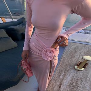 Abito da donna rosa Sexy a maniche lunghe <span class=keywords><strong>con</strong></span> fiori drappeggiato stretto lungo <span class=keywords><strong>con</strong></span> spacco elegante per celebrità abiti Casual da festa <span class=keywords><strong>vestiti</strong></span> da donna - Product Image 4