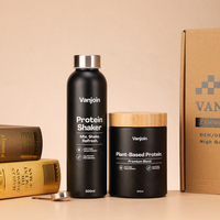 Pot à poudre noir mat de 670 ml avec couvercle en bambou et ensemble de bouteille de shaker à protéines en verre de 500 ml pour l'emballage de compléments alimentaires, kit cadeau