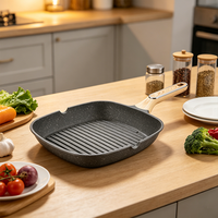 Poêle à griller carrée en aluminium moulé sous pression, revêtement antiadhésif granit sans PFOA, manche en bois, compatible induction, pour cuisson de steaks