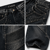 Jean baggy noir délavé TaiDe avec logo personnalisé, style motard, panneau à strass, genou côtelé, jacquard – Fabricant de vêtements OEM ODM