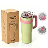Gobelet isotherme sous vide en acier inoxydable thermolaqué de 40 oz (1200 ml) avec poignée et couvercle à paille, anti-transpiration, pour café de voyage, vente en gros OEM