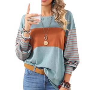 Camiseta femenina de retales a rayas para <span class=keywords><strong>mujer</strong></span>, camisetas informales, camisetas femeninas de manga larga, ropa de Otoño de talla grande - Product Image 1