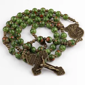 Green Catholic Rosario 8mm Glass Beads rosary with Antiquue Bronze Plated St. Michael Center