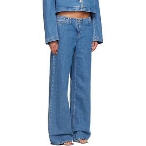 Custom Low Rise Baggy Fit 100% Cotton Non-Stretch Denim Jeans <b>Women</b> Blue Faded Wide Leg Jeans - Product Image 4