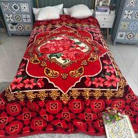 Couverture polaire Raschel 100 % polyester Kantha teinte indigo rouge clair, motif floral, pour l'hiver