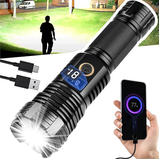 LED Super Bright XHP90.2 Rechargeable Flashlight XHP70 5 Modes Zoomable 50000 Lumens IPX5 Waterproof Tactical Torch Light