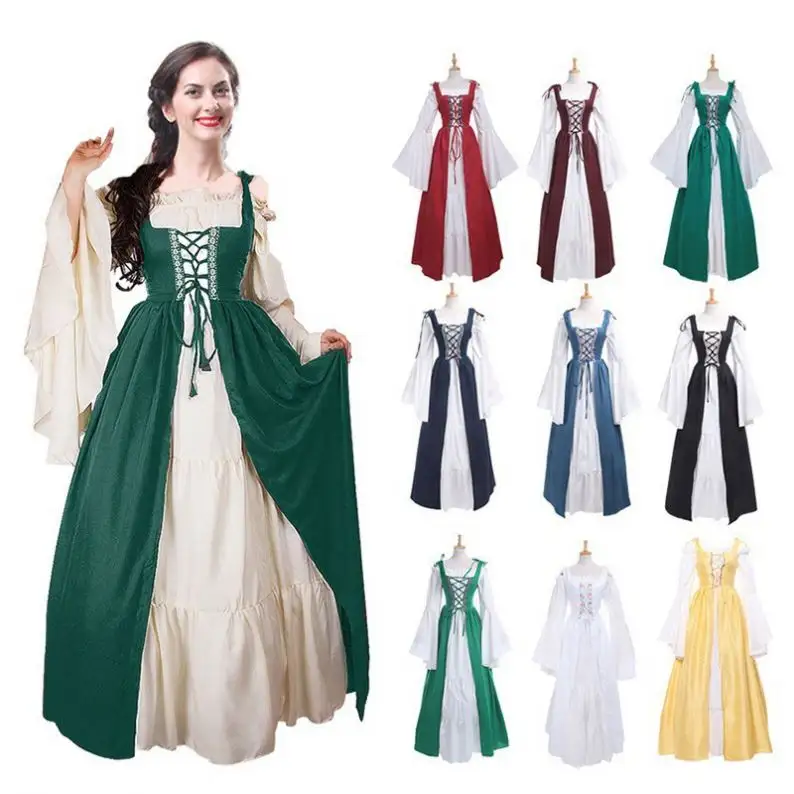 New Fashion Women Halloween Girls Bandage Square Neck Vintage Medieval Stays Corset Cosplay Dress Party Stage Costumes Dresses