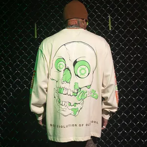 사용자 정의 녹색 스크린 인쇄 긴 소매 티셔츠 100% 코튼 티셔츠 제조 업체 패션 해골 디자인 티셔츠 남자