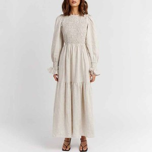 <strong>Custom</strong> Casual Backless Flare Sleeve Women Natural Linen Midi <strong>Dress</strong> With Sash - Product Image 1