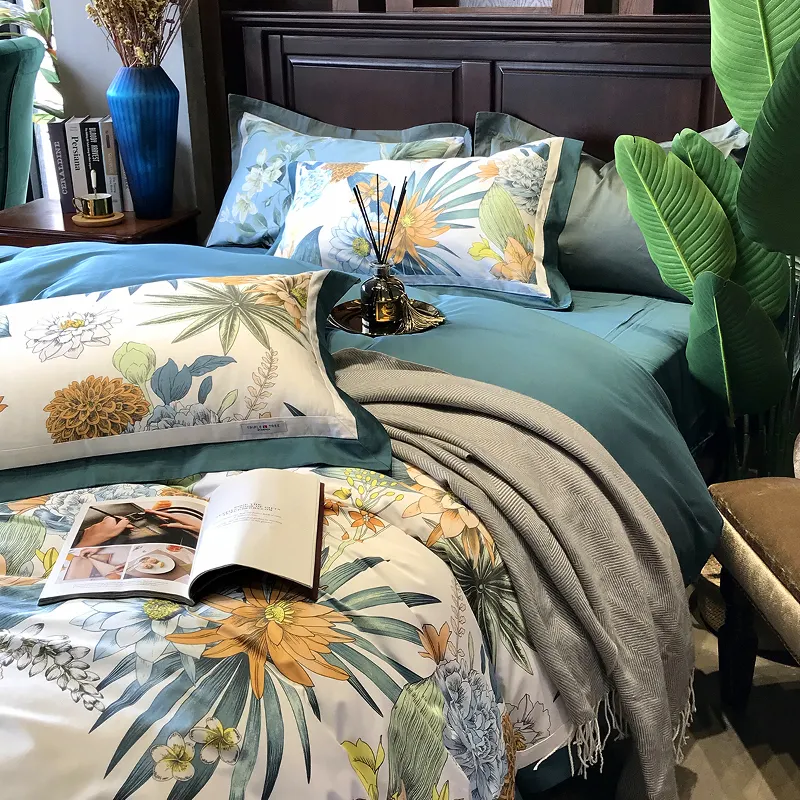 Luxury cotton bed sheet set customized print designs bedding sets