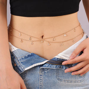 Cadena de cintura de doble capa con cristales dorados para mujer, cadena corporal de moda para la playa con colgante de borla, joyería de aleación de zinc. - Product Image 1