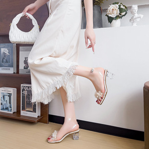 Sandales à talons pour femmes, bout ouvert, talon carré, motif floral transparent en cristal, élégantes, tendance mode été, abricot - Product Image 5