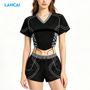 LANCAI Women's 2 Piece Outfit Mesh Corset Crop Top Drawstring Shorts Set Colorblock Lace-Up Streetwear Matching Tracksuit - Product Image 3