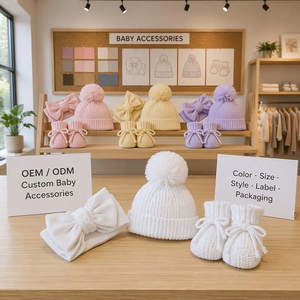 Pinuotu Baby Knitted Accessories Set Plain White Cotton Winter Pom Beanie Custom New Born Baby Booties Matching Headwear Suits - Product Image 2