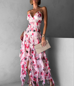 Abito lungo da donna Suzhou <span class=keywords><strong>VIVA</strong></span> VIXEN 2026 con stampa floreale, spalline sottili, scollo a V, spacco alto e balze a strati in rete, perfetto per feste ed eventi serali - Product Image 1
