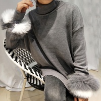 Pull col roulé en fourrure de renard uni, manches longues, style urbain, avec poignets en fourrure de renard, pour femme, hiver, décontracté, respirant