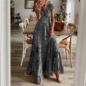 Women's <b>Boho</b> Paisley Maxi <b>Dress</b> Smocked Waist Ruffled Hem Casual <b>Summer</b> Long <b>Dresses</b> Fashion - Product Image 4