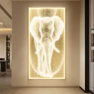 2023 Wholesale Modern Luxury Led Elephant Animal Large Glass Framed Wall Art Light Crystal Porcelain Painting