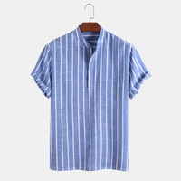 Kemeja Pria Lengan Pendek Motif Garis Kasual Bahan Linen Berkualitas Tinggi Kerah Tegak Model Longgar untuk Musim Panas dan Pantai, ODM