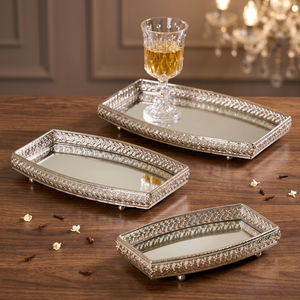 Elegant Polished Metal Serving Trays With Geometric Pattern <b>Rectangular</b> <b>Mirror</b> Top Residential Use - Product Image 2