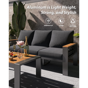 Ensemble <span class=keywords><strong>de</strong></span> canapés d'extérieur <span class=keywords><strong>en</strong></span> <span class=keywords><strong>aluminium</strong></span> <span class=keywords><strong>de</strong></span> qualité commerciale, avec accoudoirs <span class=keywords><strong>imitation</strong></span> <span class=keywords><strong>bois</strong></span>, mobilier <span class=keywords><strong>de</strong></span> patio imperméable pour projets hôteliers, villas et complexes hôteliers - Product Image 6