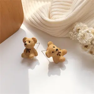 JK Girly Süße Teddybär Ohrringe Silber Süßes Temperament Koreanische Mode Flock ing Bär Ohrringe