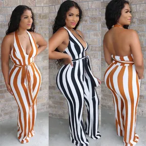 2021 Summer Plus Size Women's v-neck Jumpsuits Rompers Wide Leg Pants Jumpsuit Chic Yellow Stripes One Piece Casual Jumpsuits