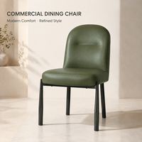 Chaise de salle à manger commerciale vert olive, dossier bombé, détails cousus, similicuir, pieds en métal noir