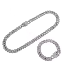Ensemble de bijoux chaîne cubaine et bracelet en alliage couleur or et argent, largeur 13 mm, style hip-hop, entièrement serti de strass sur deux rangées, stock usine