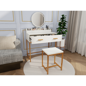 <b>Vanity</b> Set With <b>Mirror</b> And Stool White Gold Makeup <b>Table</b> With Storage Drawers Space Saving Design - Product Image 3