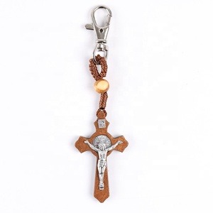Wood Crucifix Keychain Handcrafts Rope Woven Baptism Accessory Wooden Keyring Religious Keyholder Gift