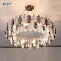 Lustre en cristal K9 élégant, simple et moderne, avec pampilles en verre en forme de feuille, pour villa, salon, hôtel, salle à manger, chambre à coucher