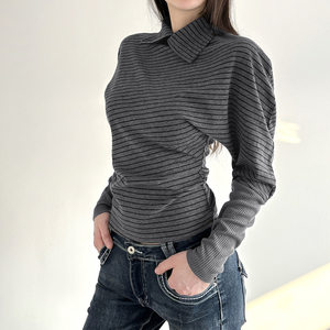Y2K Vintage Stripe Print Women's Long Sleeve T-Shirt Lapel Knit Loose Plus Size Casual Sport <b>Top</b> - Product Image 4