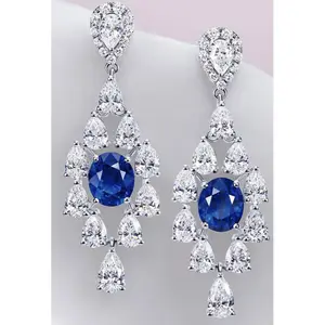 Luxury Flower Diamond Women Drop Earrings Cubic Zircon CZ Real Party Wedding Statement Sapphire Long Dangle Earrings for Women