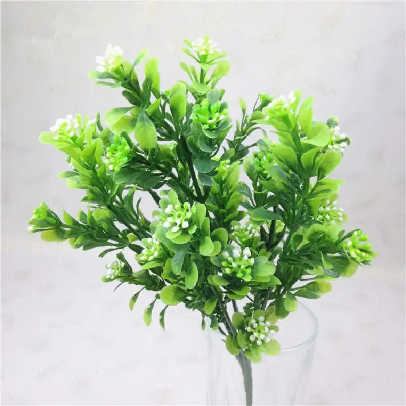 Flores artificiais de plástico, venda direta de fábrica, 7 galhos, flor verde, grama para decoração de jardim de mesa