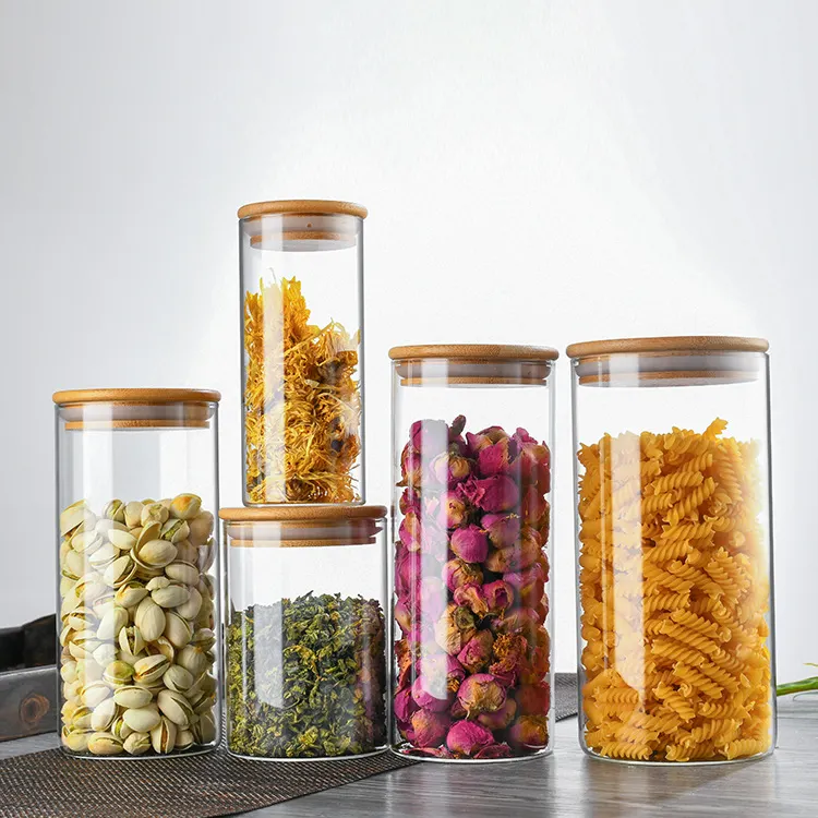 Glass Jar Home And Kitchen Round Food Storage Jar Glass Airtight Food Canister With Bamboo Lid