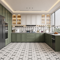 Ensemble d'armoires de cuisine modernes en forme de L, en bois grainé, armoires de cuisine modulaires avec comptoir en marbre et portes sans poignées