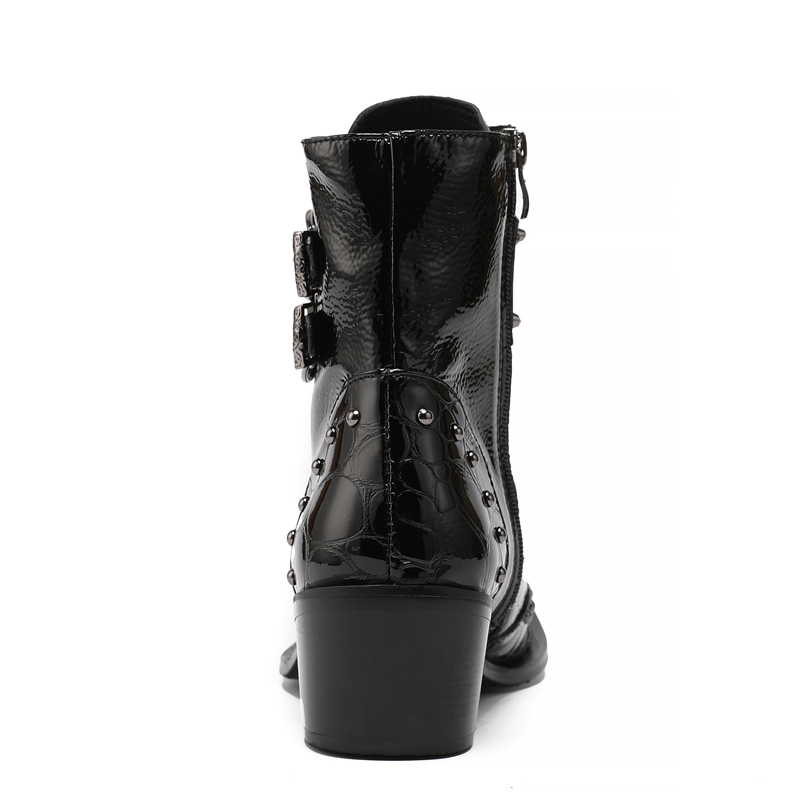 Patent Leather Pointed Toe Motorcycle Boots with Stud Details Santimon Men Boots Fashionable Motorcycle Boots Metallic  main image 2